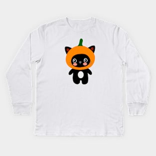 Funny Kawaii Cute Black Cat Pumpkin Halloween Costume Kids Long Sleeve T-Shirt